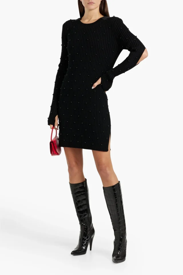 Helmut Lang Embellished Ribbed Cotton-Blend Cutout Mini Dress in Black, photo 2 of 4 from THE OUTNET