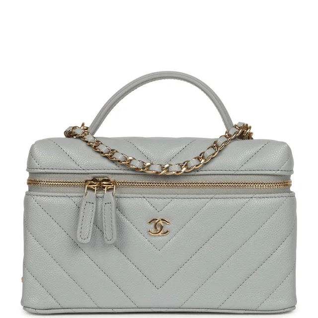 Chanel Chevron Top Handle Long Vanity Case in Grey Caviar leather from Madison Avenue Couture