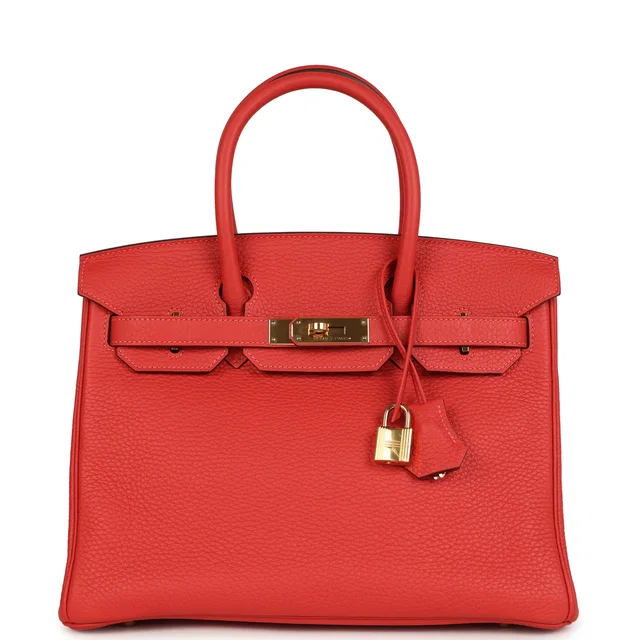 Hermès Birkin 30 Rouge Pivoine Clemence Gold Hardware in Red Clemence leather from Madison Avenue Couture