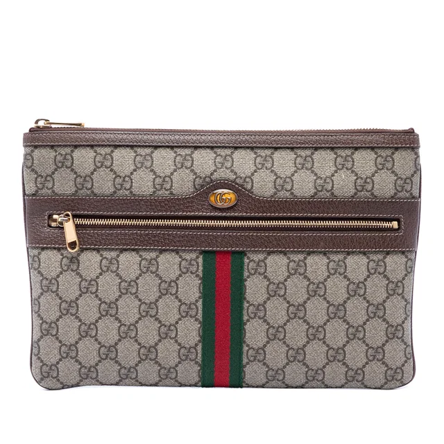 Beige Gucci GG Supreme Web Ophidia Clutch in Beige Coated canvas from Designer Revival