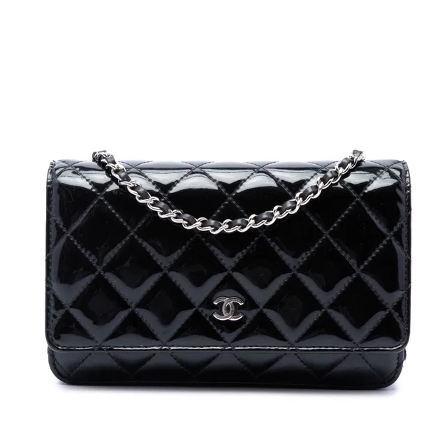 Black Chanel CC Quilted Patent Wallet On Chain Crossbody Bag in Black Patent leather from Designer Revival