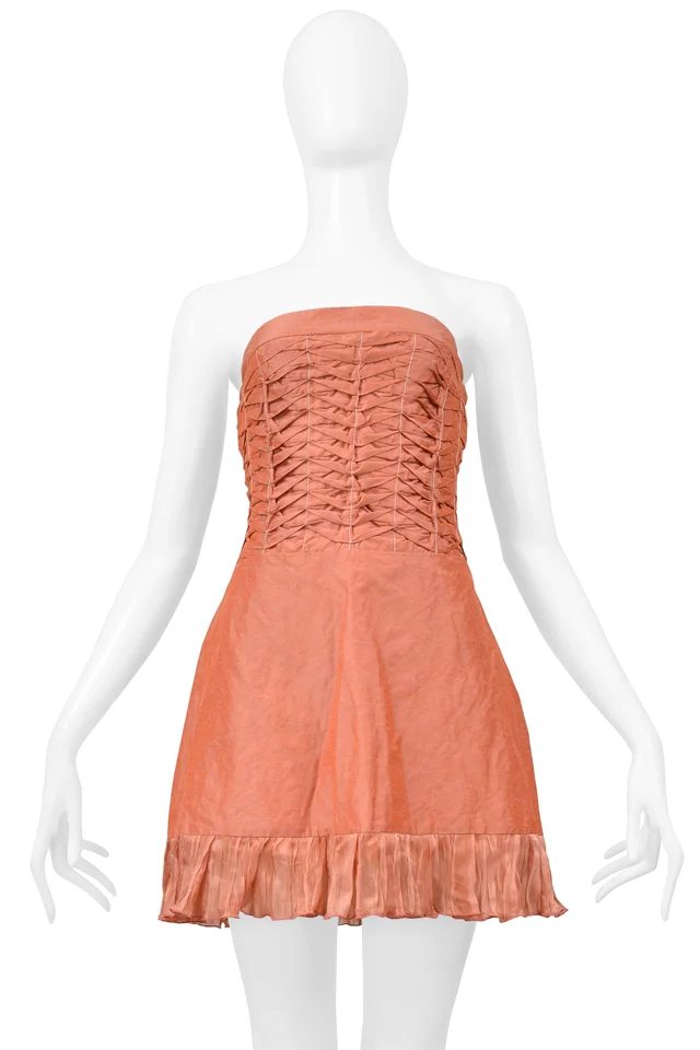 Alexander McQueen PINK PLEATED STRAPLESS DRESS WITH RUFFLE 1990s in Pink from Resurrection Vintage