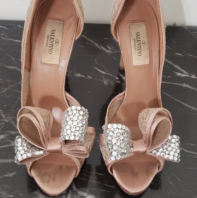 Valentino Garavani Crystal Bow Peep-Toe Heels in pink Satin from Poshmark