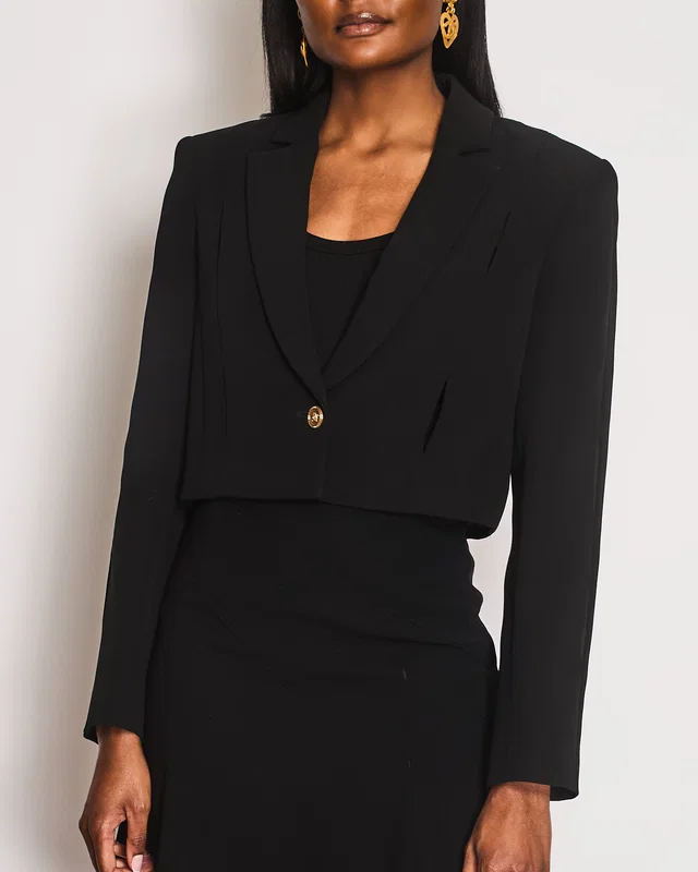 Versace Tribute Black Silk Cropped Blazer Jacket with Back and Sleeve Cut-Outs and Gold Medusa Buttons… in Black Silk from Sellier