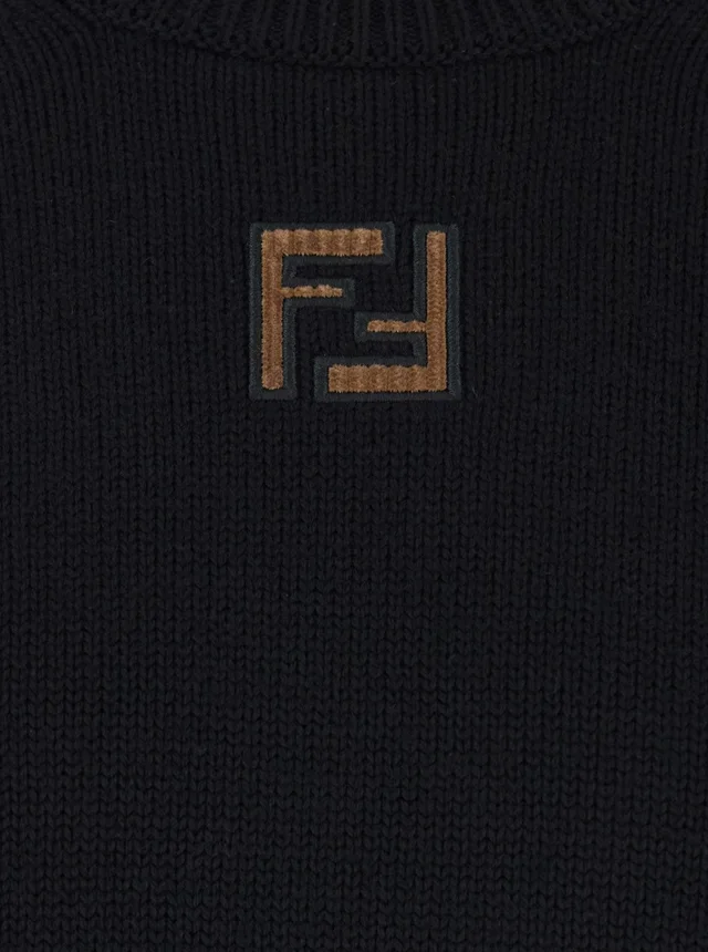 Fendi Black Crewneck Sweater with FF Embroidery on the Front in Wool for Men in Black 100% Virgin Wool, photo 6 of 6 from Gaudenzi Boutique