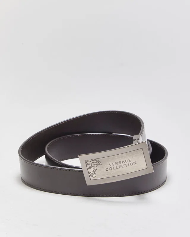 Versace Collection Mocha Brown Leather Medusa Plaque Buckle Belt - W35-W39 in Brown Leather from Rokit Vintage