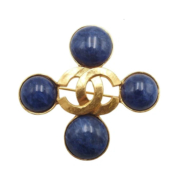 Chanel 95A Brooch Gold Blue Metal CC Logo in Blue from The Reluxe