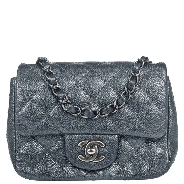 Chanel 2014-2015 Metallic Blue Caviar Skin Mini Classic Square Flap Shoulder Bag 17 in Blue Caviar leather from AMORE Vintage Tokyo