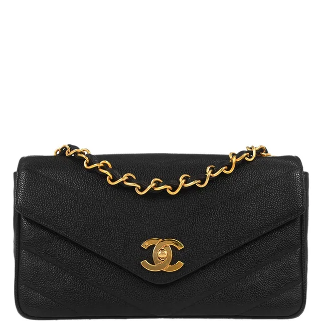 Chanel 1994-1996 Black Caviar Skin Chevron Shoulder Bag in Black Caviar leather from AMORE Vintage Tokyo