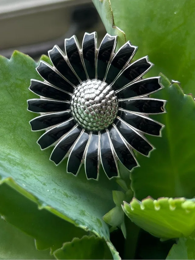 Georg Jensen Sterling Silver Black Enamel Petals Daisy Pendant Brooch Necklace in silver|black|gray from Poshmark