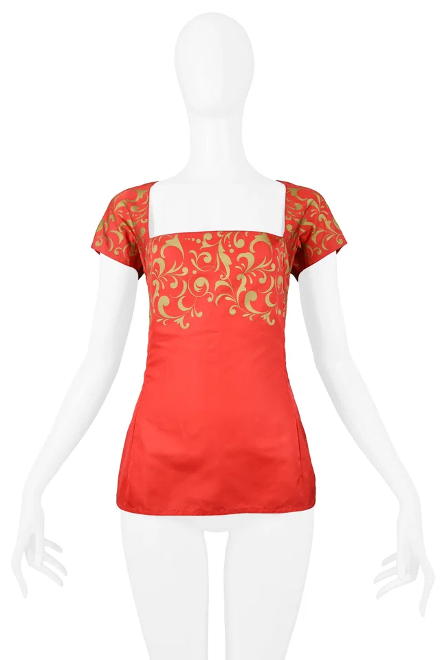 Versace Red & Gold Peplum Top in Red Woven leather from Resurrection Vintage