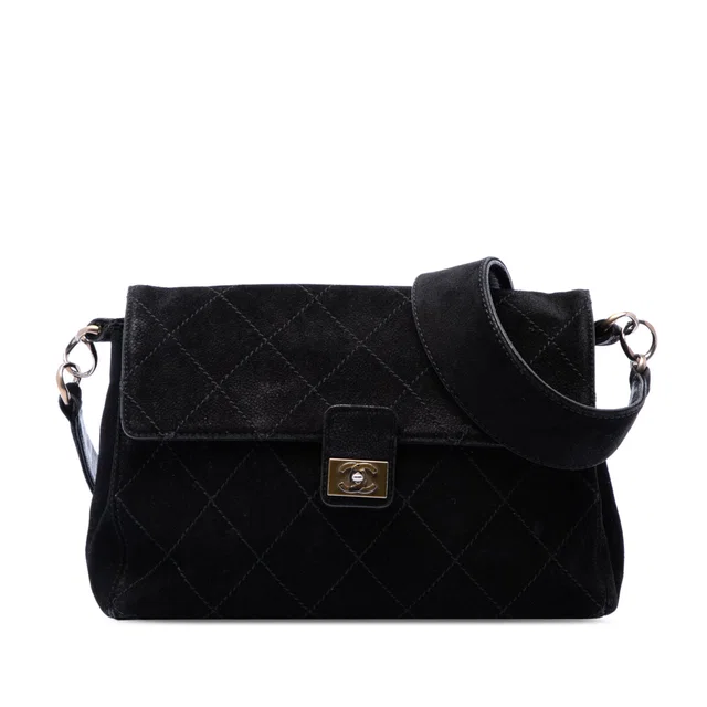 Black Chanel CC Quilted Suede Wild Stitch Flap Shoulder Bag in Black Suede from Designer Revival