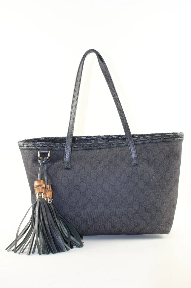 Gucci Black Monogram Denim Bamboo Fringe Tassel Tote in Black Denim from Bagriculture