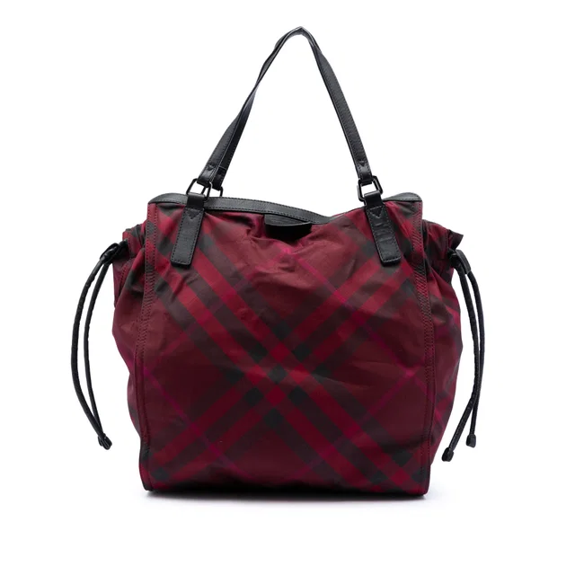 Red Burberry Supernova Check Nylon Buckleigh Tote in Red Nylon from Designer Revival
