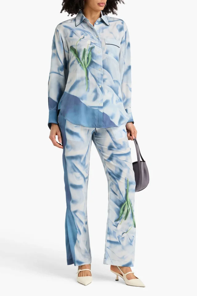 Victoria Beckham Printed Silk-Satin Shirt in Light blue, photo 2 of 4 from THE OUTNET
