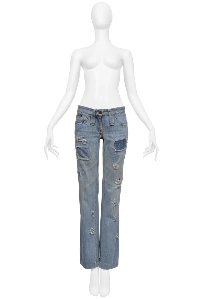 Dolce & Gabbana Distressed Blue Denim Jeans With Patches in Blue Denim from Resurrection Vintage