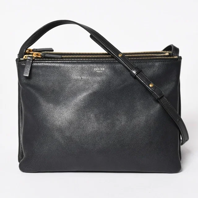 Celine Trio Shoulder Bag Clutch Black Leather Gold in Black Leather from The Reluxe