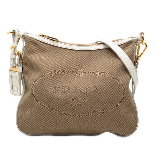 Tan Prada Canvas Canapa Logo Crossbody in Brown Canvas from Designer Revival