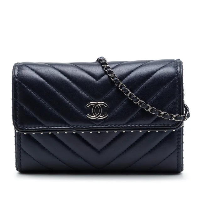 Blue Chanel CC Chevron Lambskin Studded Wallet On Chain Crossbody Bag in Blue Lambskin from Designer Revival