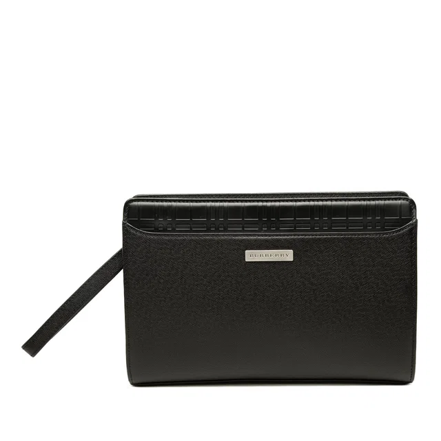 Black Burberry Check Embossed Leather Trimmed Clutch in Black Leather from Designer Revival