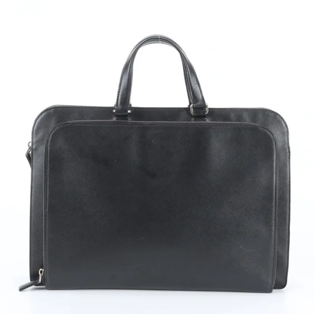 Prada Saffiano Triangle Logo Leather Business Document Tote Bag Black in Black Saffiano leather from The Reluxe