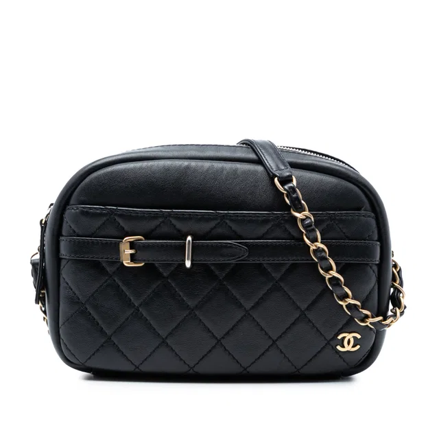 Black Chanel Small Quilted Lambskin Buckle Camera Bag in Black Lambskin from Designer Revival