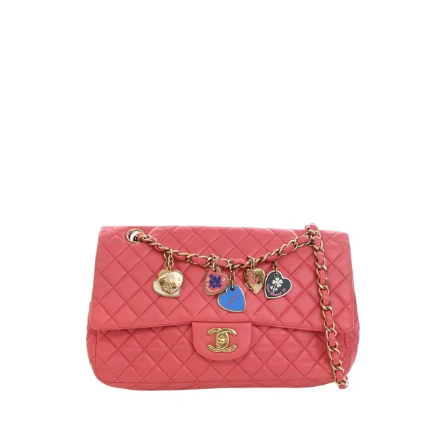 Pink Chanel Medium Classic Lambskin Valentines Heart Charms Single Flap Shoulder Bag in Pink Lambskin from Designer Revival