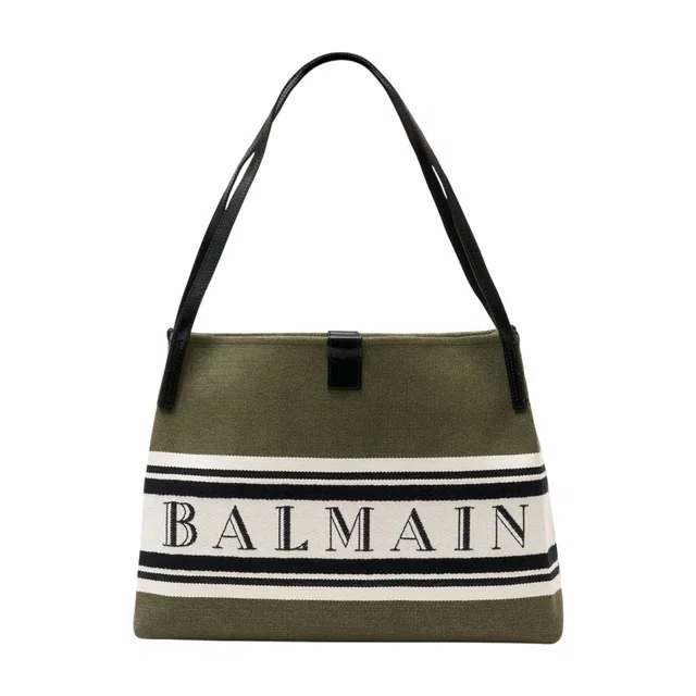 Balmain Canvas Striped Shoulder Bag — Green in Green Canvas from HEWI