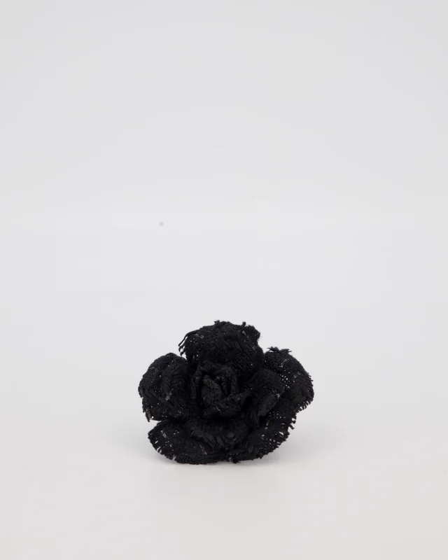 Chanel Embroidered Camelia Brooch with Mixed Fabric Texture in Black from Sellier, photo 2 of 5