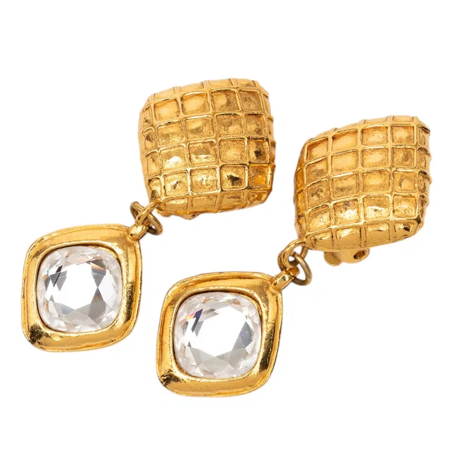 Gold Chanel Gold Plated Quilted Diamond Shape Strass Drop Clip On Earrings in Gold from Designer Revival