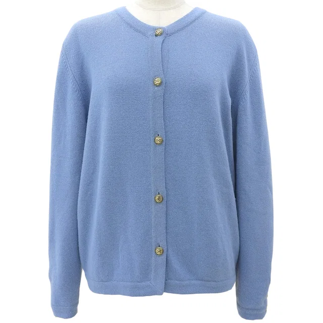 Chanel Cashmere CC Mark Button Cardigan Light Blue in Blue Cashmere from VINTAGE QOO TOKYO