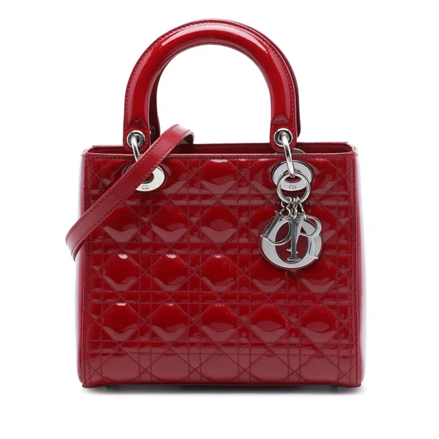Red Dior Medium Patent Cannage Lady Dior Satchel in Red Patent leather from Designer Revival