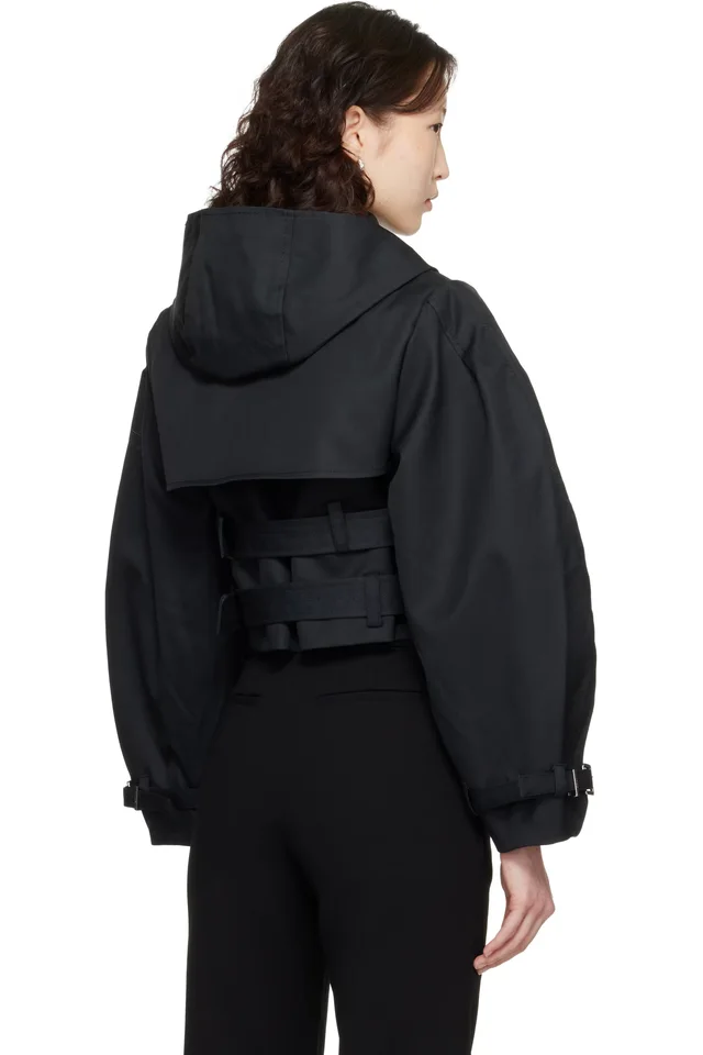 GANNI Black Bonded Cotton Short Trench Jacket, photo 3 of 4 from SSENSE