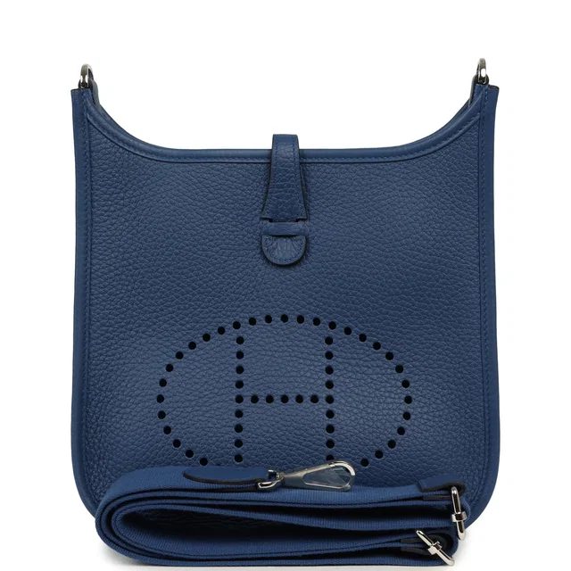 Hermès Evelyne 23 Bleu Tie Clemence Palladium Hardware in Blue Clemence leather from Madison Avenue Couture