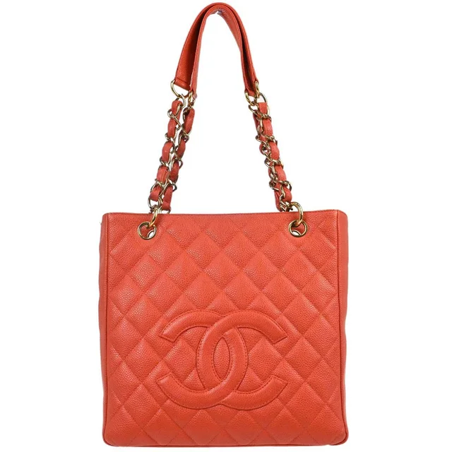 Chanel 2002-2003 Orange Caviar Skin Petite Shopping Tote PST Tote Handbag in Orange Caviar leather from AMORE Vintage Tokyo