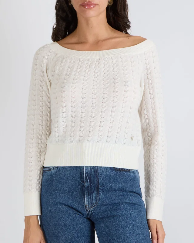 Chanel Cream Knitted Jumper with Champagne Gold and White Camellia CC Logo Detail Size FR 36 (UK 8) in White Cashmere from Sellier