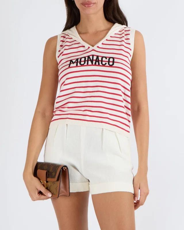 Dior Dioriviera 2021 White and Red Striped Monaco Top with Back Logo Detail Size FR 38 (UK 10) in White Silk from Sellier