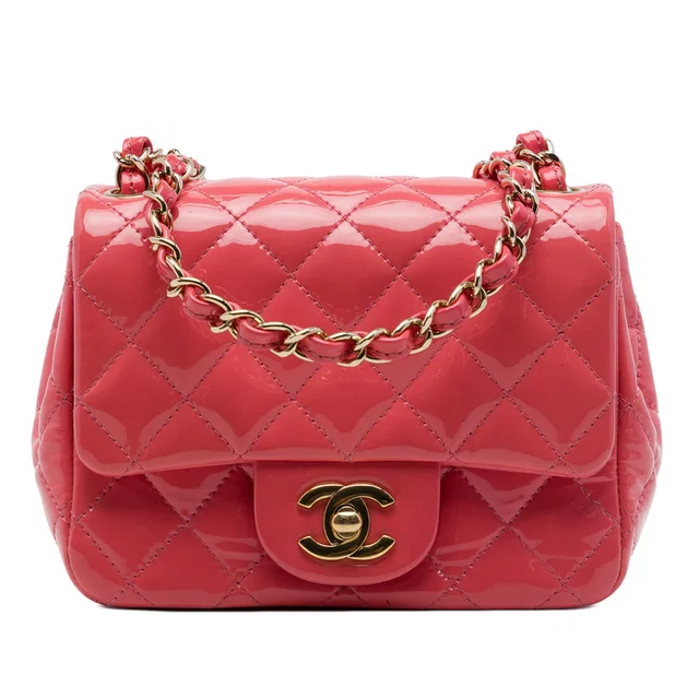 Pink Chanel Mini Square Classic Patent Single Flap Crossbody Bag in Pink Patent leather from Designer Revival