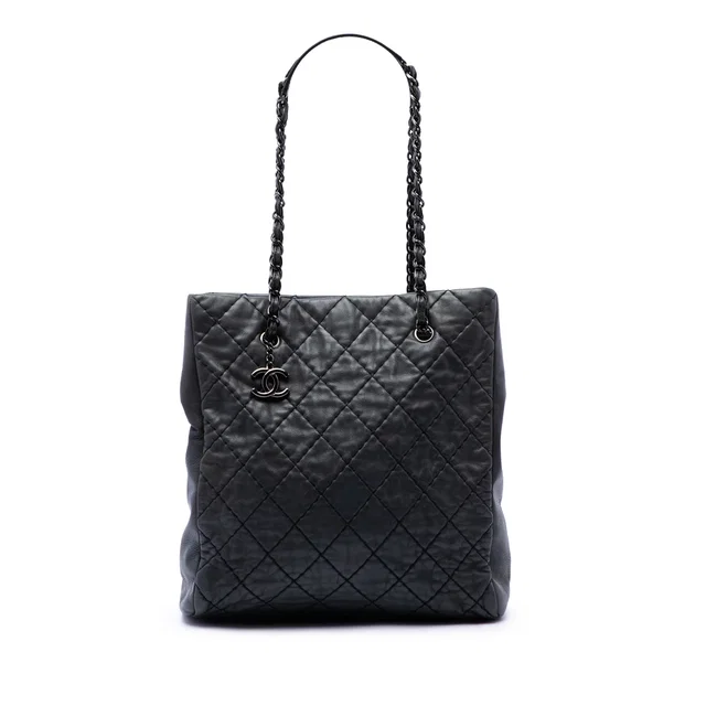 Black Chanel CC Quilted Lambskin Wild Stitch Chain Tote in Black Lambskin from Designer Revival