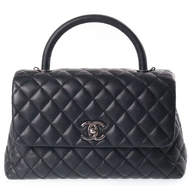 Chanel Quilted Coco Handle Chain Shoulder 2-Way Handbag Silver Caviar Leather in Silver Caviar leather from The Reluxe