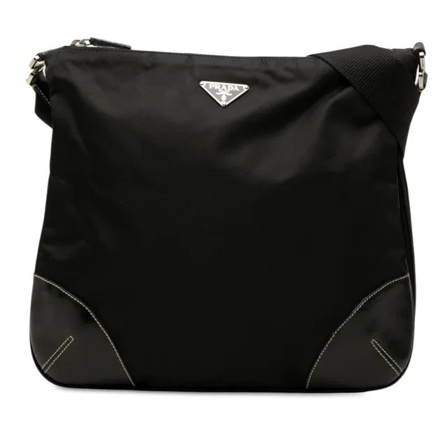 Black Prada Vitello Trimmed Tessuto Zip Top Crossbody in Black Nylon from Designer Revival