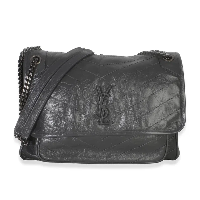 Saint Laurent Grey Crinkled Calfskin Matelasse Large Niki Chain Satchel in Grey Calfskin from myGemma