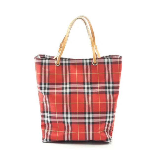 Burberry Check Canvas Leather Handbag in Red Canvas from LuxUness