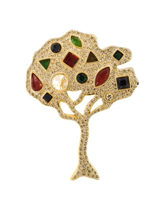 Valentino Garavani Vintage Multicolor Gem Rhinestone Encrusted Silver Gold Tree Brooch Pin in Gold from Amarcord Vintage Fashion