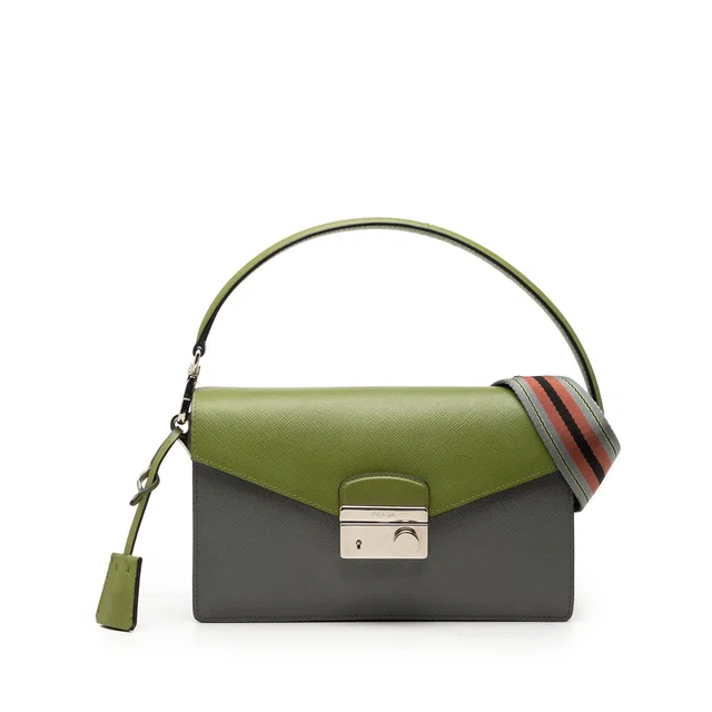 Green Prada Bicolor Saffiano Lux Sound Lock Satchel in Green Saffiano leather from Designer Revival