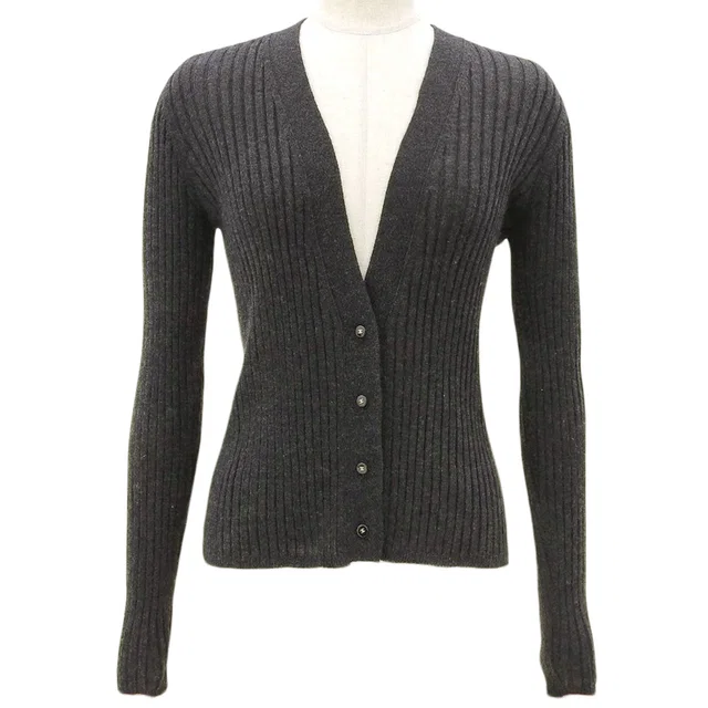 Chanel 1999 Cashmere CC Mark Button Ribbed Cardigan #40 Charcoal Gray in Grey Cashmere from VINTAGE QOO TOKYO