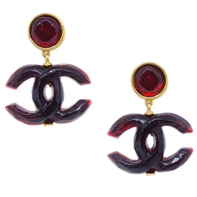 Chanel CC Dangle Earrings Gold Clip-On Red 99P in Red Resin from AMORE Vintage Tokyo