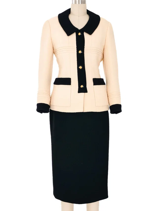 1993 Chanel Black and White Boucle Skirt Suit in Black Silk from Arcade Vintage