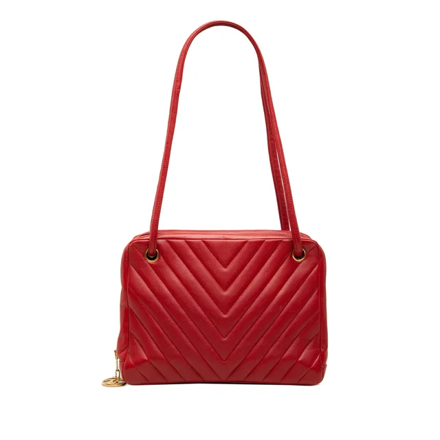 Red Chanel CC Chevron Lambskin Shoulder Bag in Red Lambskin from Designer Revival