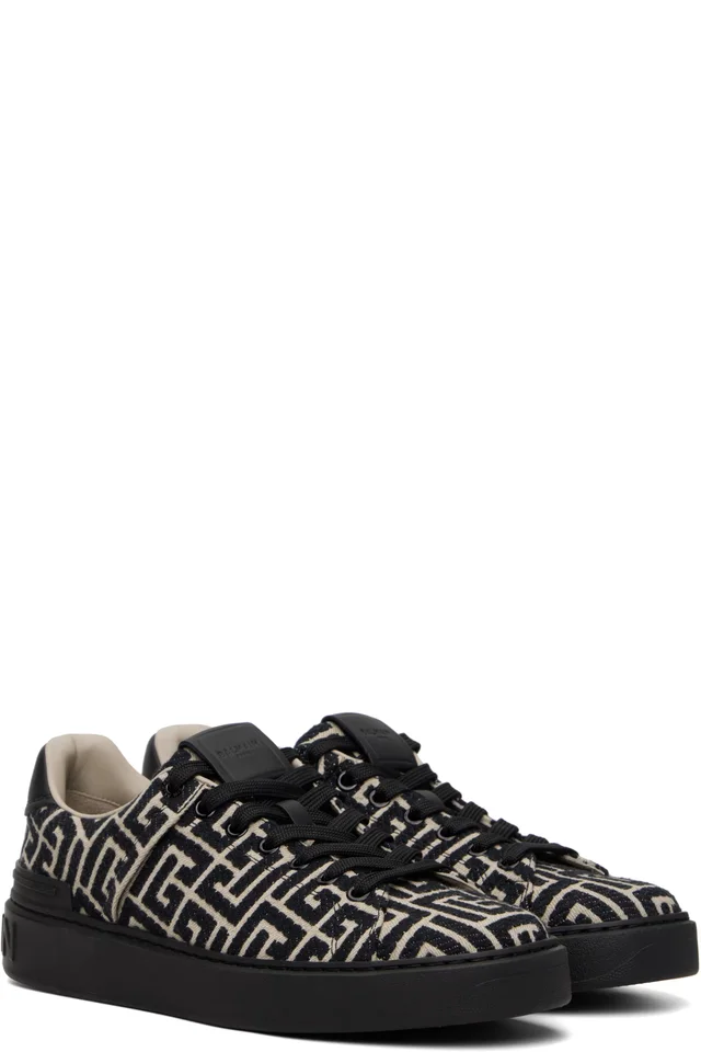 BALMAIN Black & Beige Monogram Jacquard B-Court Sneakers, photo 4 of 5 from SSENSE